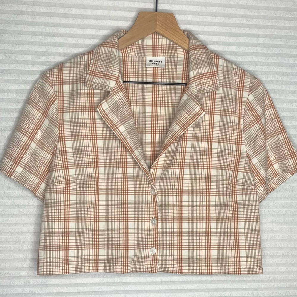 Aritzia Sunday Best Tuesday Cropped Top in Brown Beige plaid Size L cottagecore
